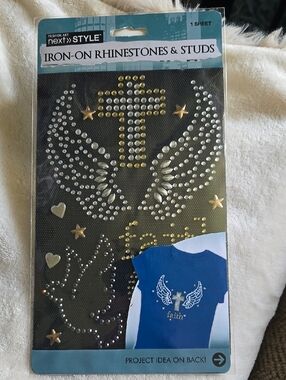 next >> style Iron-On Rhinestones & Studs - Winged Cross Design (Gold & Silver)